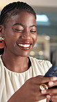 Smartphone, typing and happy black woman in office for business email, event planning and night. Mobile, person and coordinator in workplace to text venue update, communication or feedback in evening