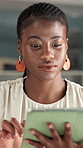 Creative, black woman and typing on tablet in office for research, proofreading and editor feedback. Female person and digital to email source for interview, update draft and publication submission