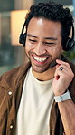 Contact, headset and laughing with business man in call center for assistance or virtual help. Customer service, feedback and funny with happy employee in office for online solution or support