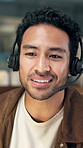 Contact, explain and headset  with business man in call center for assistance or virtual help. Customer service, feedback and problem solving with happy employee in office for solution or support