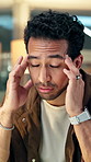 Employee, tired and man with headache, office and journalist with brain fog, deadline and exhaustion. Newsroom, fatigue and person with migraine, reflection and overworked for story, pain or pressure
