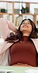 Happy woman, relax or stretching with completion for productivity, done tasks or finished in office. Female person, employee or unwind with smile for deadline success, break or rest in workplace