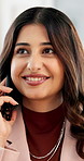 Phone call, business or Indian woman in office with smile, networking or project discussion with client. Digital, happy or consultant with tech, schedule meeting or feedback on stakeholder deal.