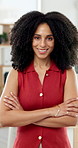 Journalism, crossed arms and face of happy woman in office with confidence, pride and career. Publishing, media agency and portrait of person with smile for copywriting, editing and reporter job