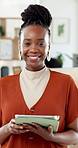 Creative, tablet and face of black woman in office for research, digital magazine and journalism. Publishing, media agency and portrait of person on tech for copywriting, editing and online website