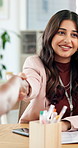 Media agency, handshake and woman in office, meeting and planning with negotiation. Shaking hands, person and author in workplace, agreement and deal for publishing contract, welcome and partnership
