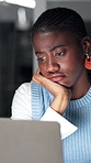 Sad, night and black woman on laptop in office for overtime with mistake, deadline and project. Startup, dark and person with burnout, tired and unhappy on computer for research, submission or report