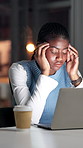 Laptop, business and tired black woman with headache, fatigue or exhausted journalist at night. Computer, stress and person with migraine at work, deadline pressure or reporter with office burnout