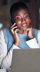Phone call, night and business woman on laptop for communication, contact and news story update. Creative, working late and person on smartphone for conversation, feedback and article submission