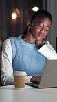 Black woman, neck pain and laptop in office at night of fibromyalgia, muscle strain and story submission. Person, pc and discomfort with joint pressure, burnout and overtime for publication deadline