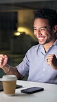 Excited, employee and man with laptop, office and fist pump for bonus on website, journalism and win. Newsroom, happiness and person with notification at night, achievement and typing with technology