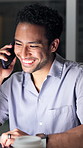 Phone call, night and business man on laptop for communication, contact and news story update. Creative, working late and person on smartphone for conversation, feedback and article submission
