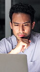 Thinking, night or journalist in office with laptop, breaking news or industry research in article update. Reading, bokeh or man in agency with tech, live report or review of online story in overtime