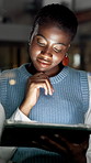 Night, smile or creative director with tablet in office, review  campaign proposal or check branding concept. Late reading, project management or black woman with promotion strategy, tech or deadline