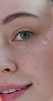 Happy woman, face and skincare with dropper for vitamin C oil, beauty serum or cosmetics. Portrait, closeup or female person with smile, anti aging or hyaluronic acid for skin hydration or collagen