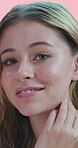 Beauty, face of girl and happy in studio with healthy glow, skin hydration or acne treatment results. Skincare, gen z person and confidence on pink background for natural shine, self care or wellness