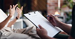 Nurse, patient and hands writing with clipboard for medical insurance, policy or clinic application. People, doctor or form with client symptoms for health survey, diagnosis or assessment in hospital
