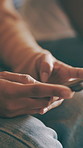 Home, hands and woman with smartphone, typing and social media with communication. Closeup, apartment and person with cellphone, internet and message to contact, texting and connection with network