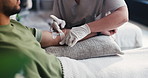 Nurse, hands and patient with arm for IV drip, injection or healthcare treatment in clinic. Closeup, health worker or doctor with artery vein or nutrition for medical remedy, vitamins or medicine