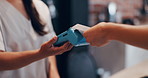 Person, hands and pos machine with credit card for payment, fintech or wireless transaction in shop. Closeup, people or customer paying with debit tap or NFC for easy banking or checkout in store