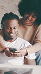 Happy couple, hug or texting with phone in home for social media, network or connection. Man, woman or scrolling with smile on mobile smartphone for online chat, conversation or app together in house