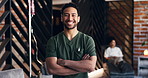 Face, man and nurse in drip therapy lounge for health, flare or immune system boost with confidence. Smile, portrait and and medical worker with arms crossed as IV technician or infusion specialist
