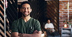 Face, man and happy nurse with confidence for healthcare, flare and laughing in drip therapy lounge. Smile, portrait and medical worker with arms crossed, IV technician and funny infusion specialist