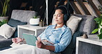 Woman, relax and tablet with headphones for iv infusion, chemotherapy and browsing website. Person, digital and injection drip for cancer treatment, streaming movies and listen to audio for wellness