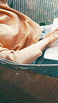 Hammock, hands of woman and laptop at resort for editing travel blog, article review and remote work. Digital nomad, journalist and relax with tech for hospitality, above and proofreading submission