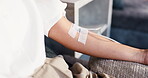 Arm, healthcare and iv with person in drip lounge for infusion benefits, recovery or wellness. Fluid, hydration and medical treatment with patient closeup in clinic for mineral or vitamin solution