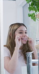 Happy woman, mirror or cleaning teeth with floss for dental hygiene, oral or mouth care in home. Female person, tooth whitening and reflection with smile for gum health or morning routine in bathroom
