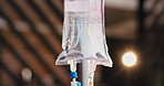 IV drip, therapy and clinic with bag for healthcare benefits, saline solution or immune system boost. Infusion, wellness and medical equipment at vitamin bar with nutrition, detox and liquid closeup