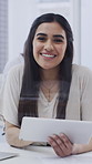 Face, smile or business woman with tablet in office for event planning, research or creative. Tech, professional or happy person at work, venue organizer or portrait of coordinator coworking by glass