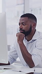 Office, black man and business on computer for online planning, proposal and research. Professional, company consultant and person on technology for project management, report and typing email