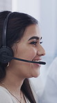 Call center, talking and woman in office, profile and help desk with communication. Headset, consulting and happy employee in workplace, system solution and customer service with advice and smile