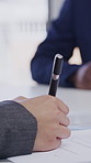 Documents, hands and signature with business person at desk in office for agreement or contract. Paperwork, pen and writing with employee people in corporate workplace for deal or legal compliance