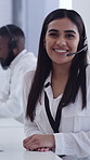 Woman, headset and face with computer at office, typing or consulting job at insurance agency. Person, advisor or broker with voip tech, contact or pc with smile for career at risk management company