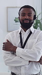 Black man, headset and face with tablet at office, arms crossed or consulting job at insurance agency. African person, advisor or broker with voip, contact and app at risk management company in Kenya