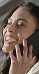 Business, laughing and phone call with woman outdoor for communication, feedback or update. Conversation, funny and mobile with happy employee person in downtown city for comedy, contact or humor