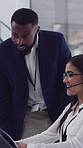 Woman, man and happy at call center with discussion, mentor and insight for customer service. People, agent and consultant with computer, headset and smile with problem solving at insurance agency