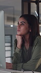 Woman, journalist and thinking with computer in office for online report, company story or article. Thoughtful, female person or contemplation with technology for journalism or research in workplace
