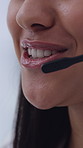 Mouth, call center and mic at office, talk and smile with problem solving for customer service. Person, consultant or agent with voip tech, happy and contact us for solution with headset at company