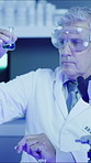 Medical, research and man in lab, beaker and science experiment with chemistry. Mature person, scientist and employee in workplace, safety and test with liquid, glass container and sample analysis