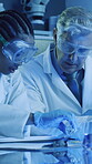 Science, chemical and team with people in lab for biomedical engineer, enzyme study or research. Medical experiment, molecular reaction and nanoparticle solution with scientists in clinic for partner