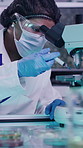 Science, lab and woman with syringe and microscope for medical research, experiment and medicine. Biotech, pharmaceutical and person with chemical, liquid and sample for test, vaccine and solution