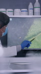 Scientist, explaining and medical research on computer screen, lab and microscopy analysis of plant. Team, online and people with tech for disease detection, biotech and searching for bacterial cells