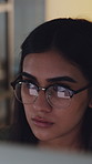 Glasses, computer and woman with research in office for news story, editing article and blog review. Publishing agency, journalist and eyewear with tech reflection for proofreading and fact checking