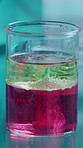 Science, chemistry and sample with beaker in laboratory for medicine, pharmacy or illness cure. Bubbles, glass jar and fluid dynamics with medical research for experiment, pathology or investigation