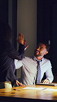 Man, woman and high five at night, office and happy with goals, documents and deal at insurance agency. Business people, teamwork and overtime for success with celebration at risk management company