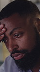 Stress, burnout and black man in office at night with finance project deadline for budget plan. Fatigue, migraine and African financial manager with exhaustion for investment proposal in workplace.